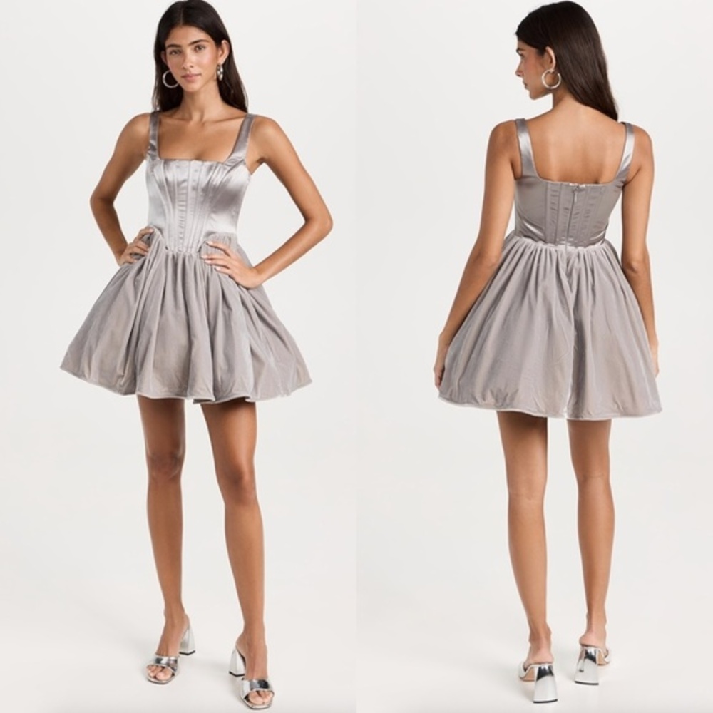 STAUD Landscape Dress Satin Velvet Corset in Silver Gray Size 12 NWT